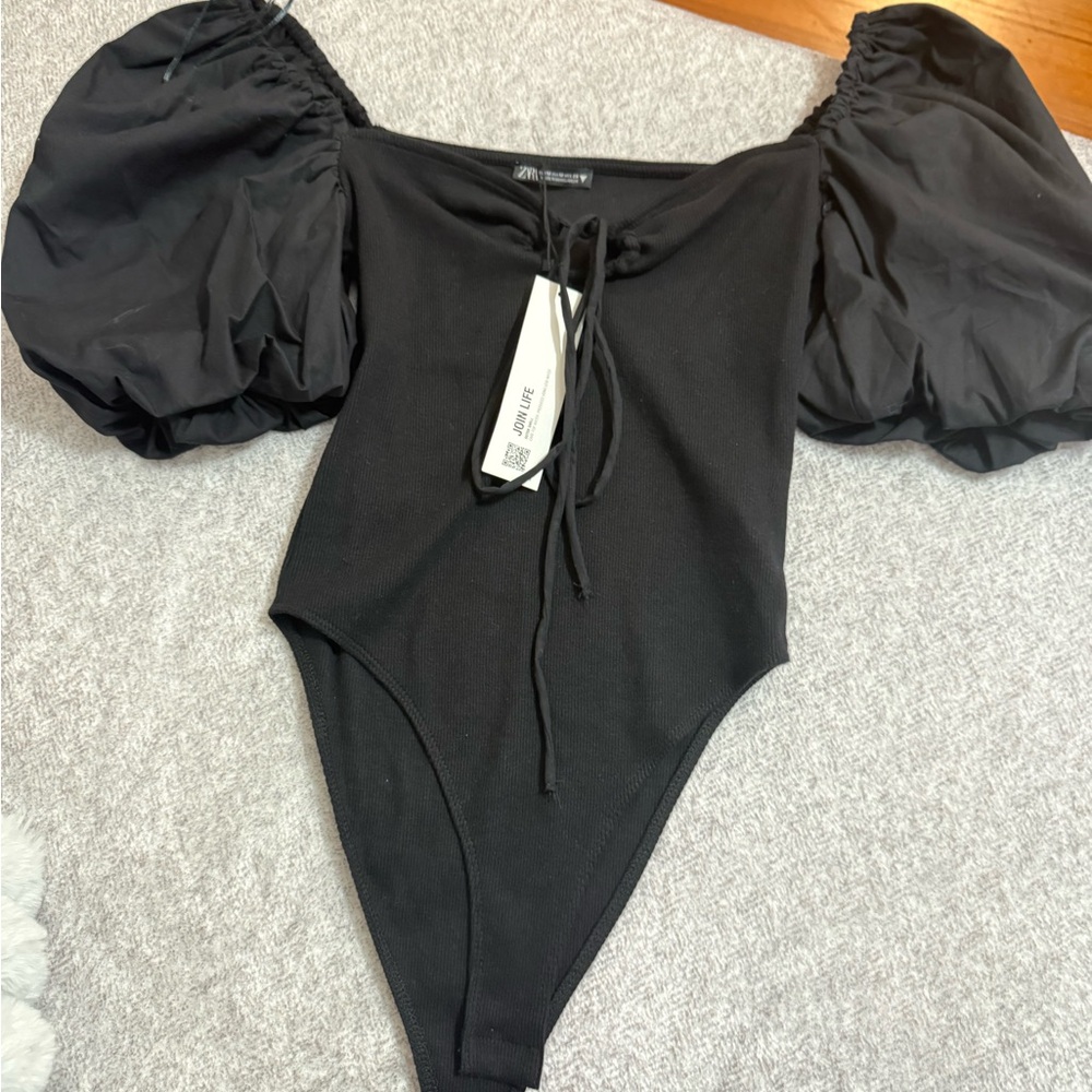 Zara Black Puff-Sleeve One-Piece Bodysuit